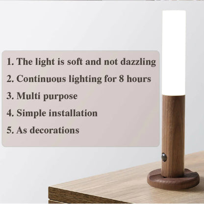 Wooden lamp with a light bulb on a wooden surface, accompanied by text about the lamp's features.