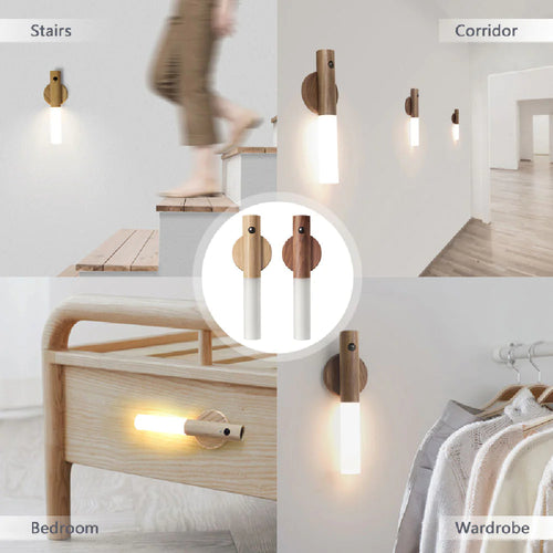 Collage of wall sconces in different settings including stairs, corridor, bedroom, and wardrobe.